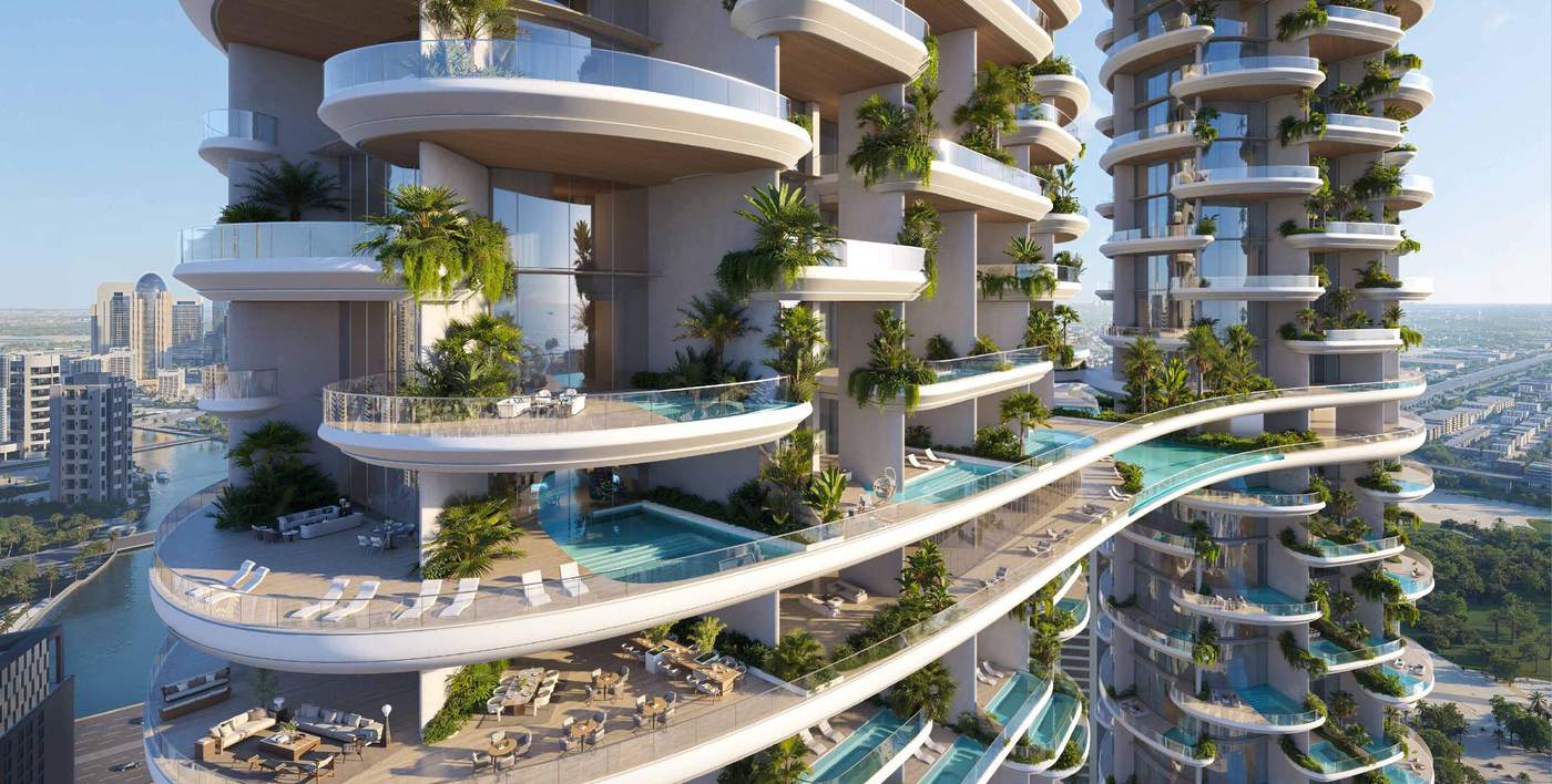 Terraces with private pools linking the two towers