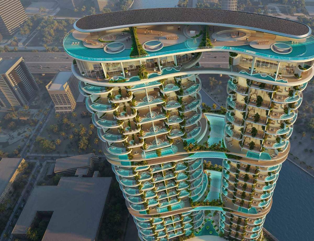 Aerial view of the towers beside the Dubai Canal